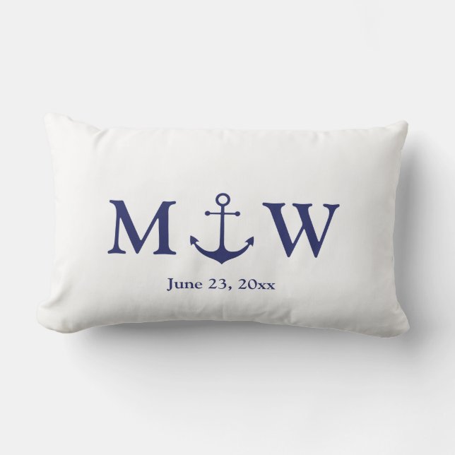 Bröllop nautiskt ankarfartyg, marinblått monogram lumbarkudde (Framsida)