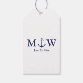 Bröllop nautiskt ankarfartyg, marinblått monogram presentetikett