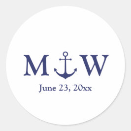Bröllop nautiskt ankarfartyg, marinblått monogram runt klistermärke