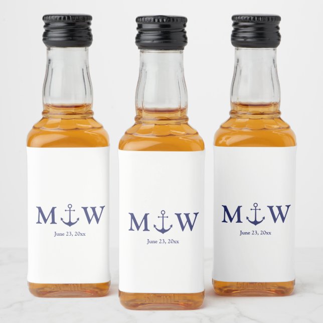Bröllop nautiskt ankarfartyg, marinblått monogram spritflaskor etikett (Flaskor)