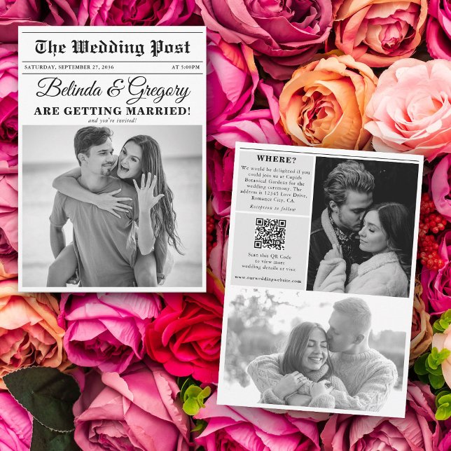 Bröllop Newspaper Roligt Black & White Photo Bröll Inbjudningar (Wedding Newspaper Fun Black & White Photo Wedding Invitation)