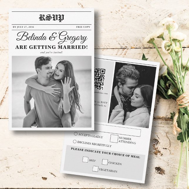 Bröllop Newspaper Roligt Black & White Photo Bröll OSA Kort (Wedding Newspaper Fun Black & White Photo Wedding RSVP Card)