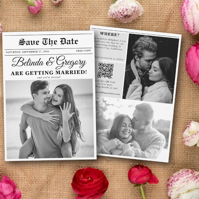 Bröllop Newspaper Roligt Black & White Photo Bröll Spara Datumet (Wedding Newspaper Fun Black & White Photo Wedding Save The Date)