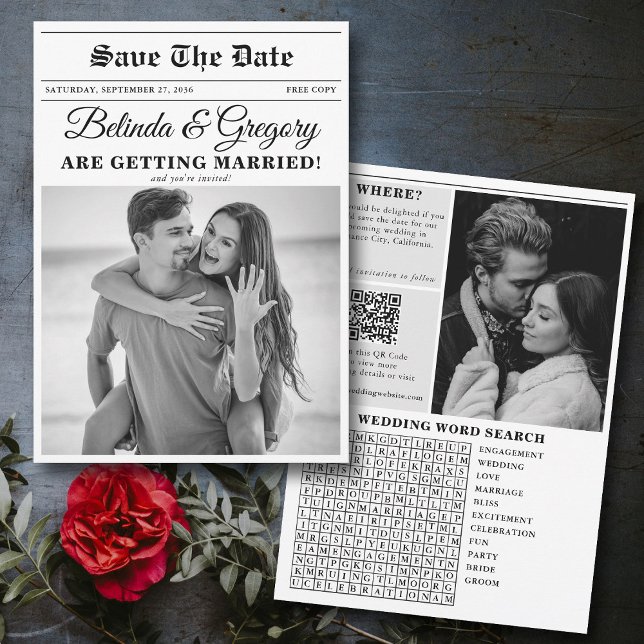Bröllop Newspaper Roligt Black & White Photo Bröll Spara Datumet (Wedding Newspaper Fun Black & White Photo Wedding Save The Date)