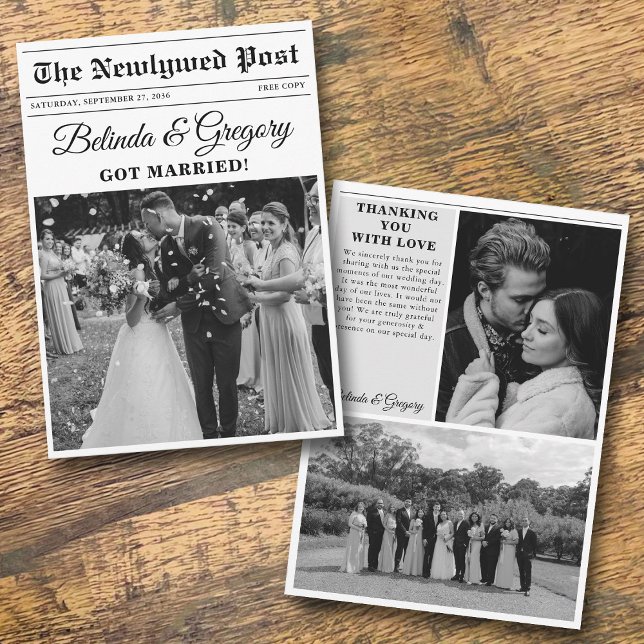 Bröllop Newspaper Roligt Black & White Photo Bröll Tack Kort (Wedding Newspaper Fun Black & White Photo Wedding Thank You Card)