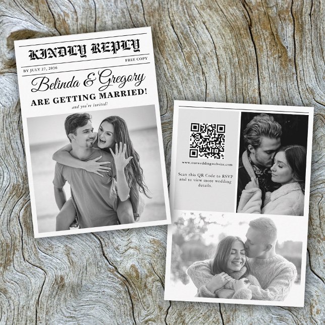 Bröllop Newspaper Roligt Black & White Photo Bröll Tilläggskort (Wedding Newspaper Fun Black & White Photo Wedding Enclosure Card)