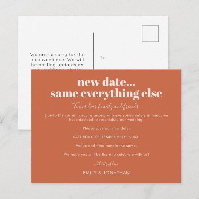 Bröllop Ny Datum Samma Allt Annat Terracotta Meddelande Vykort (Fram/baksida)