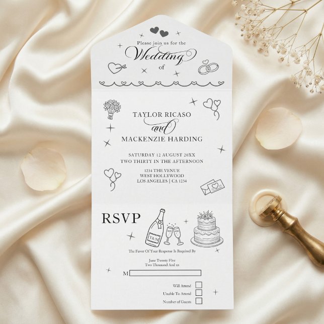 Bröllop Nyckfulla Klotter Grått och Vitt (Wedding Whimsical Doodles Grey and White All In One Invitation by Ricaso. Modern chic invite, rsvp)