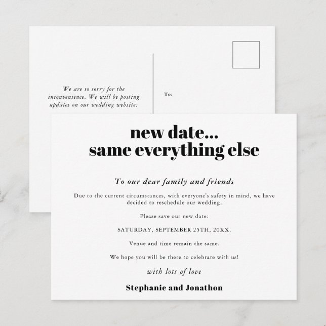 Bröllop Nytt Datum Allt Annat Samma Enkel Text Meddelande Vykort (Fram/baksida)