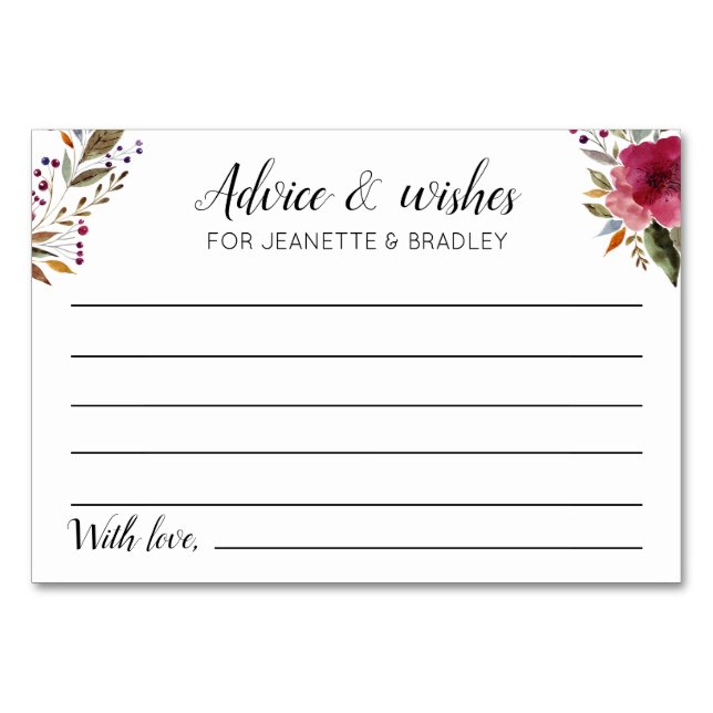 Bröllop och Önskemål med Burgundy Flowers Bordsnummer (Framsidan)