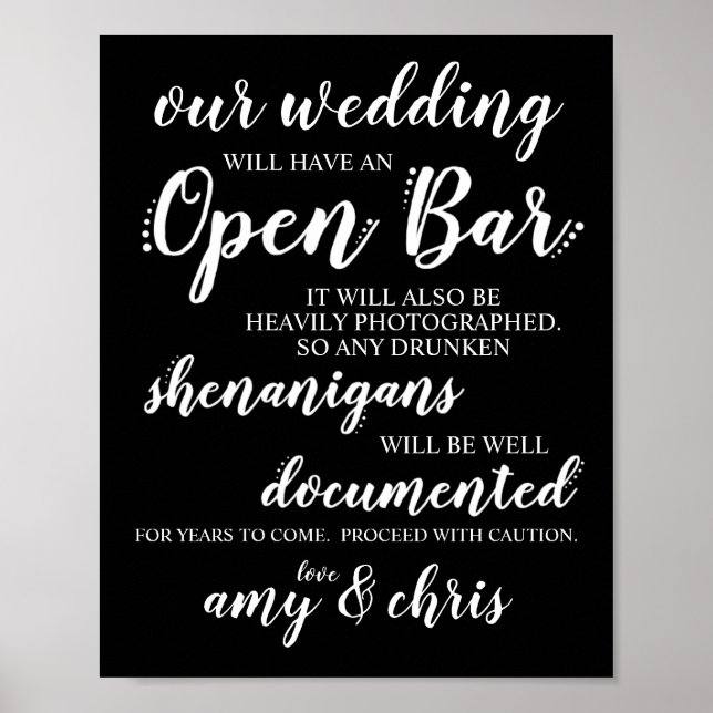 Bröllop Open Pub Funny Drunken Shenanigans Sign Poster (Framsidan)