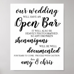 Bröllop Open Pub Funny Drunken Shenanigans Sign Poster