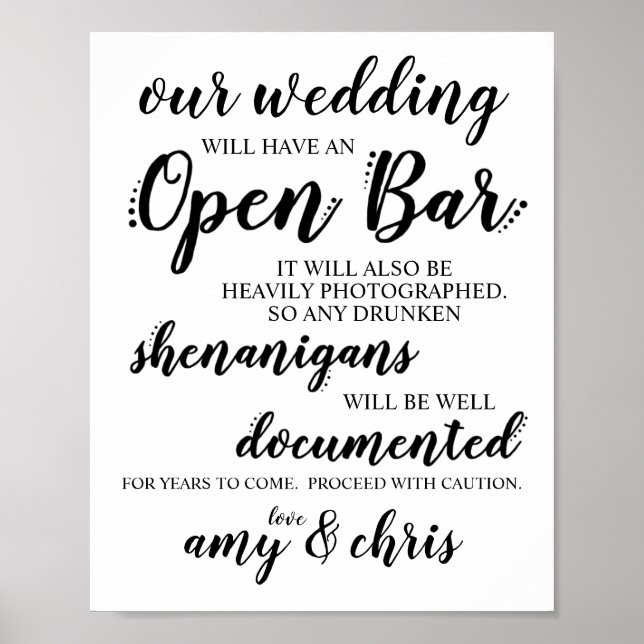 Bröllop Open Pub Funny Drunken Shenanigans Sign Poster (Framsidan)