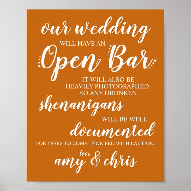 Bröllop Open Pub Funny Drunken Shenanigans Sign W Poster (Framsidan)