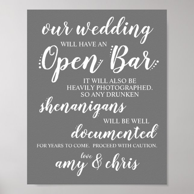 Bröllop Open Pub Funny Drunken Shenanigans Sign W Poster (Framsidan)