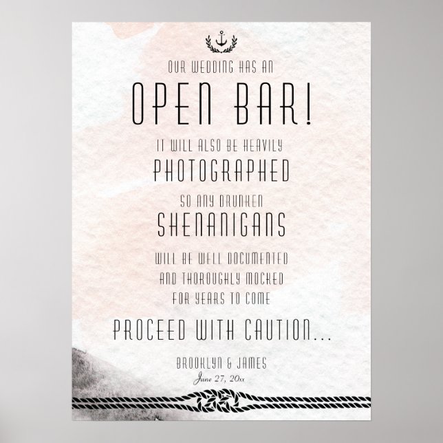 Bröllop Open Pub Sign 18x24 Watercolor Peach Poster (Framsidan)