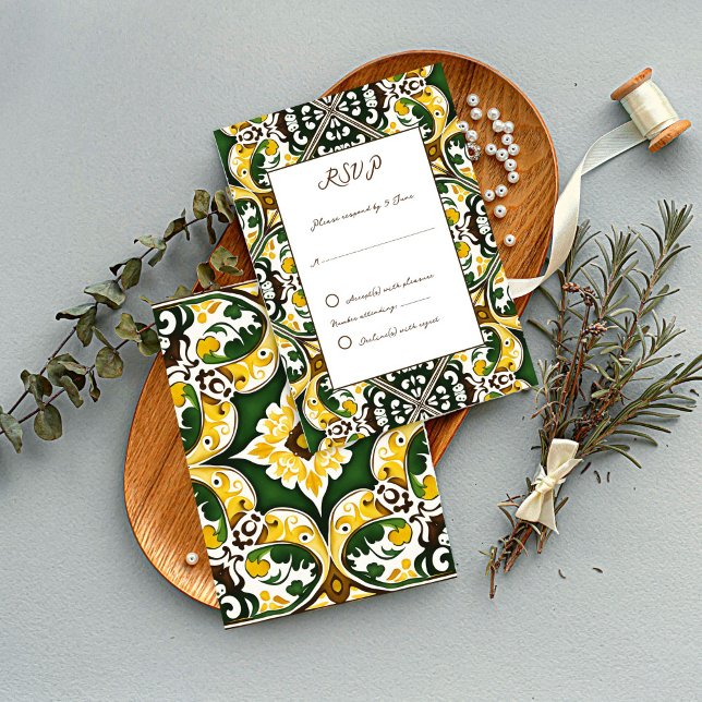 bröllop OSA av grönt gult Medelhavsbrickor (Green yellow Portuguese Mediterranean tiles ornate folk pattern handwritten  wedding RSVP cards )