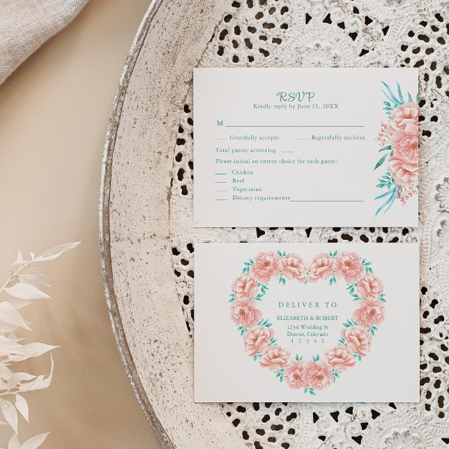 Bröllop OSA av persiko- och turkos-Blommigt Tack Kort (Peach and Turquoise Floral Wedding RSVP Card on a neutral boho wedding table.)