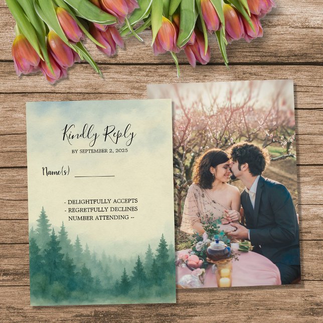 Bröllop OSA av Watercolor gräs träd Inbjudningar (Watercolor pine tree forest wedding photo RSVP Invitation.)