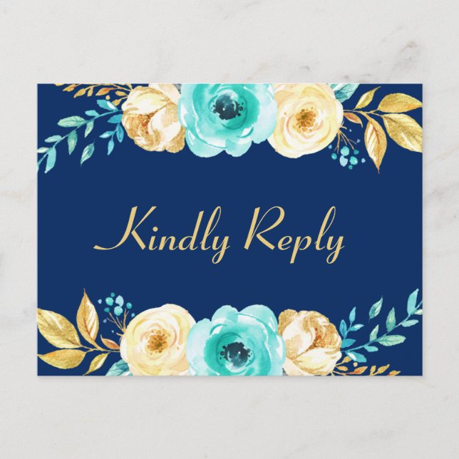 Bröllop OSA - Blommigten Vattenfärgad marin blå Gu Inbjudan Vykort (Framsida)