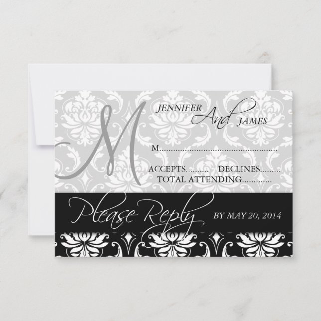 Bröllop OSA Card Black Damask Monogram Namn (Framsida)