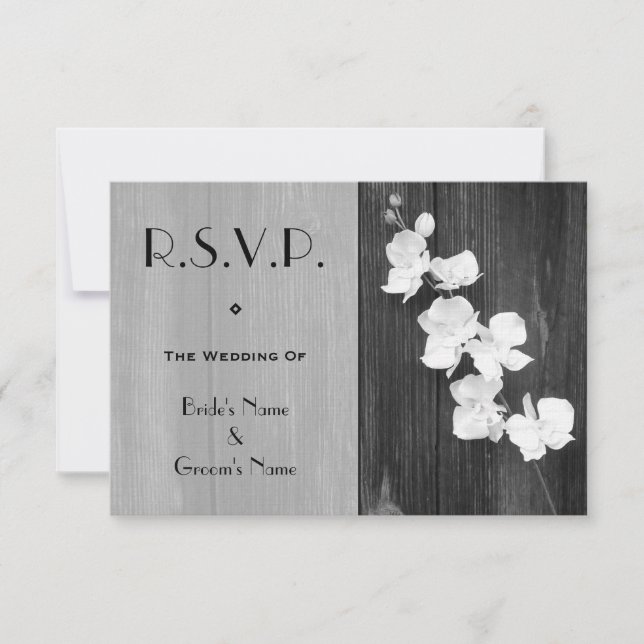 Bröllop OSA Card - Black & White Orchids Barnwood Kort (Framsida)
