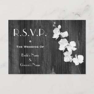 Bröllop OSA Card - Black & White Orchids Barnwood Kort