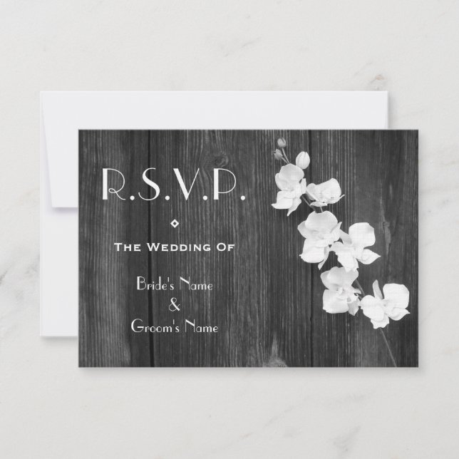 Bröllop OSA Card - Black & White Orchids Barnwood Kort (Framsida)