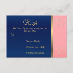 Bröllop OSA Card Coral & Navy med Guld Hearts Kort