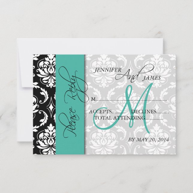 Bröllop OSA Card Damask Turcoise Namn Initial (Framsida)