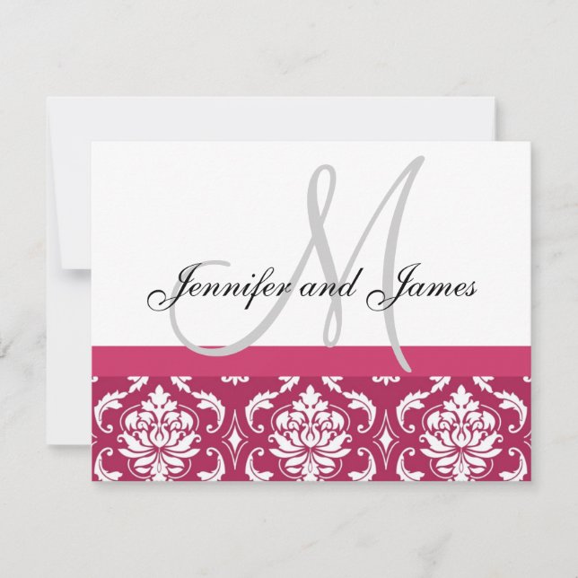 Bröllop OSA Card Shock rosa Damask Monogram & Namn (Framsida)