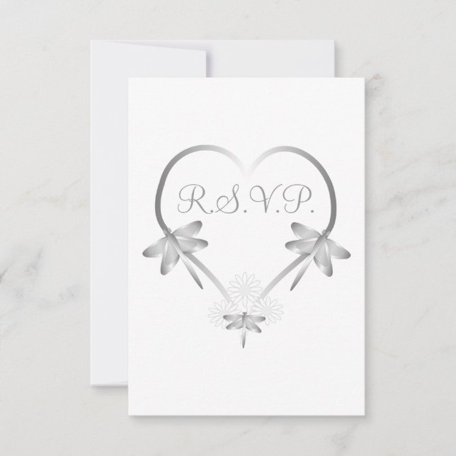 Bröllop OSA Card Silver Dragonflies Heart Kort (Framsida)