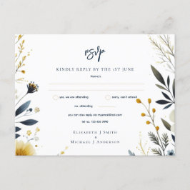 BRÖLLOP OSA CARDS | Blommigten Guld vid marinblått Vykort