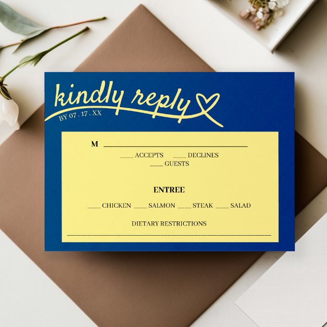 Bröllop OSA för blått och Gult hjärtsvar Tilläggskort (Blue & Yellow Heart Response Wedding RSVP Enclosure Card)