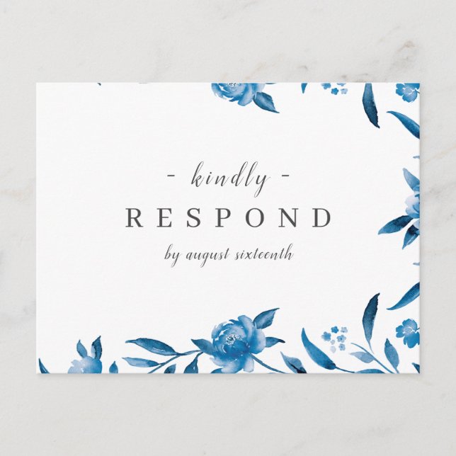 Bröllop OSA för blommigt av blå och vit vattenfärg Inbjudan Vykort (Framsida)