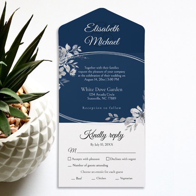 Bröllop OSA för Blommigt av blå vattenfärg i elega (Simplify your wedding with our all-in-one invitation – convenience and beauty in a single card.)