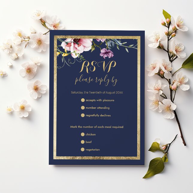 bröllop OSA för blommigt av elegant vid havsviken  (Elegant navy blue gold pink floral wedding RSVP )