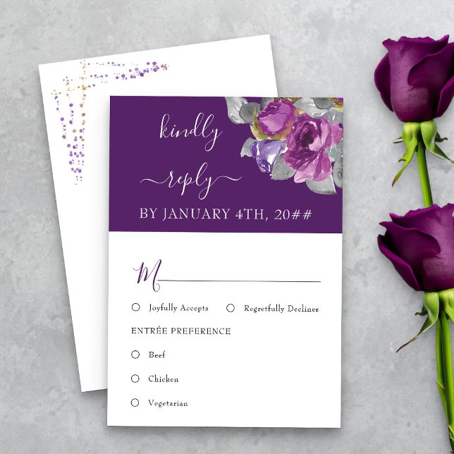 Bröllop OSA för Blommigt av måltid för lila Kort (Purple floral RSVP card with meal options from my Plush Purple Wedding Collection )