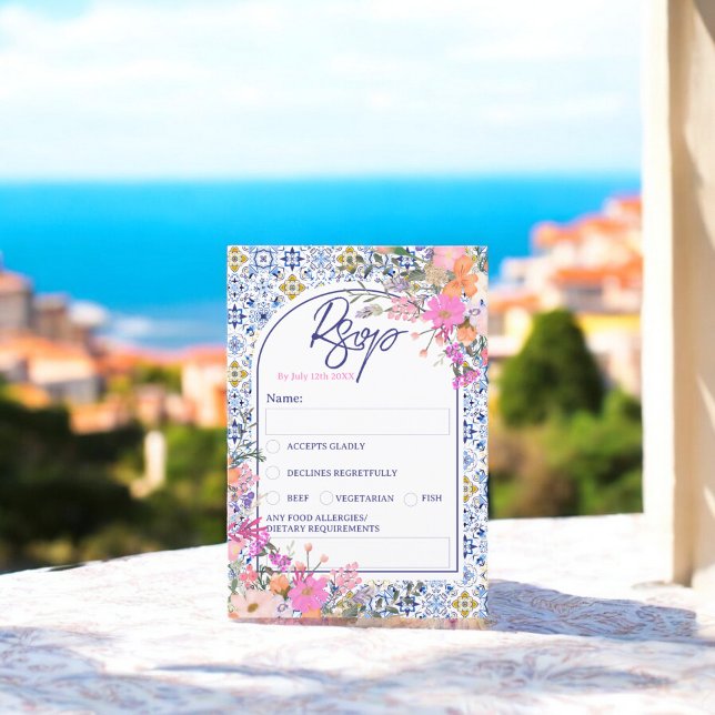 Bröllop OSA för  blommigt för blå plattor Inbjudningar (Italian blue tiles watercolor floral wedding rsvp)