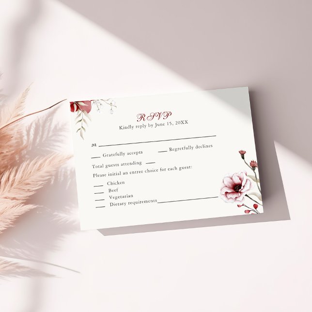 Bröllop OSA för Burgundy-Blommigt för vinterElegan Tack Kort (Burgundy Winter Elegance Wedding RSVP Card on a sunny table.)