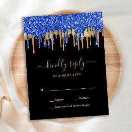 Bröllop OSA för elegant Blue Black Guld Glitter Dr Inbjudan Vykort