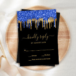 Bröllop OSA för Elegant Blue Guld Black Glitter Dr Anteckningskort