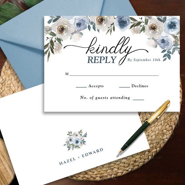 Bröllop OSA för elegant Dusty Blue Blommigt (Elegant Dusty Blue Floral Wedding RSVP Card)