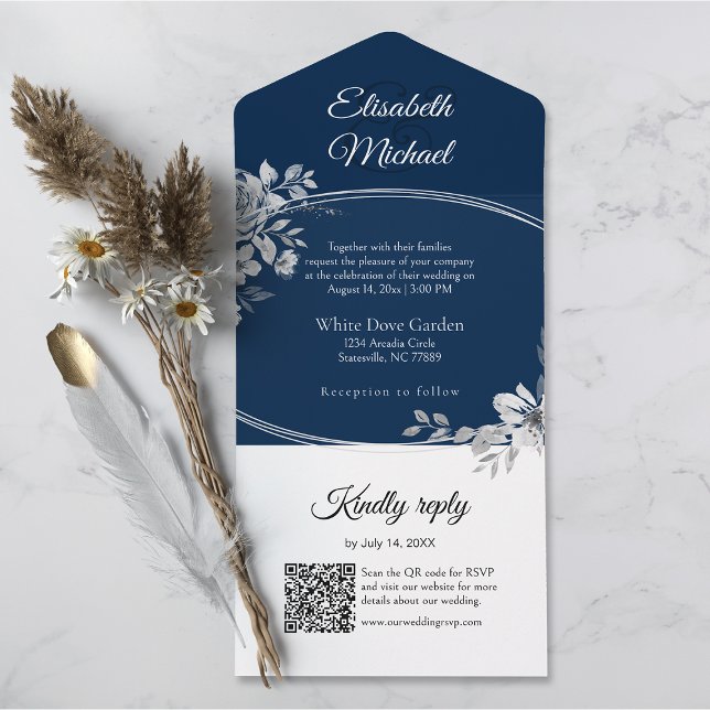 Bröllop OSA för elegantens marinblå QR-kod, Monogr (All-in-one wedding invitation with QR code to RSVP - Simplify and save time for you and your guests.)