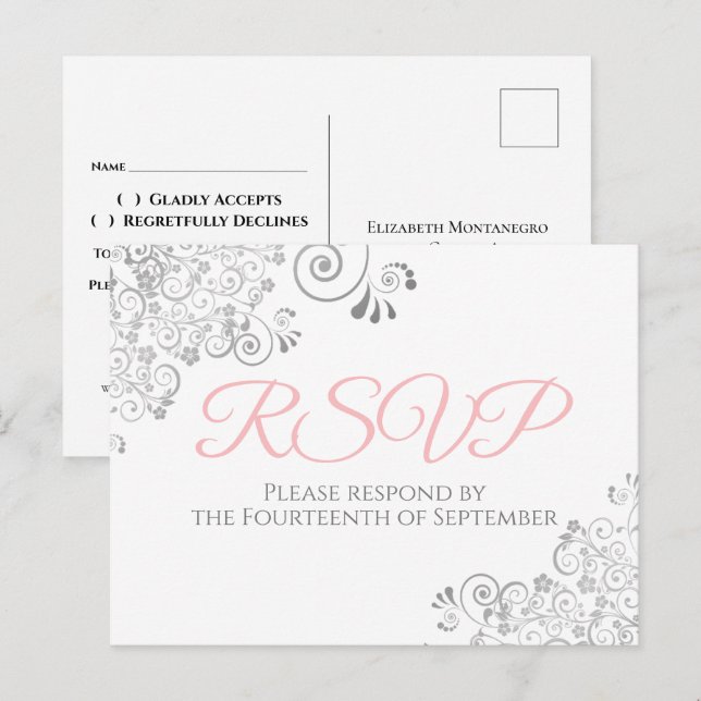Bröllop OSA för enkel Elegant av Rosa i silver Vykort (Fram/baksida)