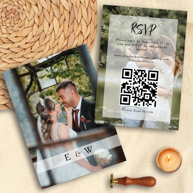 Bröllop OSA för enkel Elegant för fotoöverlägg av  Kort (Simple Elegant Photo Overlay QR code Wedding RSVP)