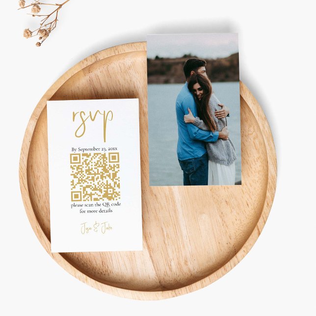 Bröllop OSA för fotot guld QR-kod svart Tilläggskort (Elegant RSVP enclosure card! Featuring a full photo and a stunning gold QR code.)