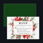 Bröllop OSA för Grönt av vattenfärgen Poinsettia B Kort<br><div class="desc">Elegant Watercolor Poinsettia Blommigt Greenery Bröllop OSA Card omfattar röda poinsettias,  eukalyptus löv,  gräs cones,  gräs nål,  bomull,  klumpiga och annan vacker botanisk grey på vintern. Guld Ram. Grönt tillbaka.</div>