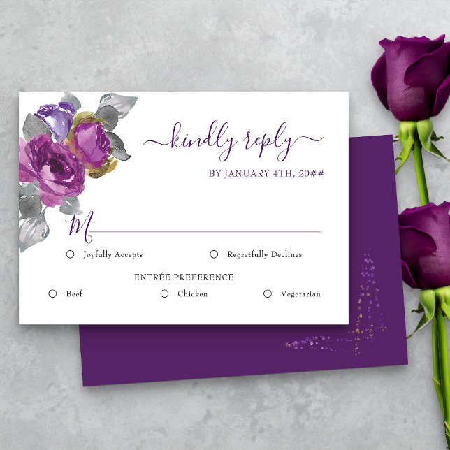 Bröllop OSA för lila Blommigt med måltider Kort (Purple floral Entree option rsvp card from my Plush Purple Wedding Collection )