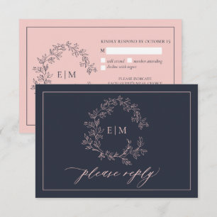 Bröllop OSA för marint blått Rosa, monogram Kort